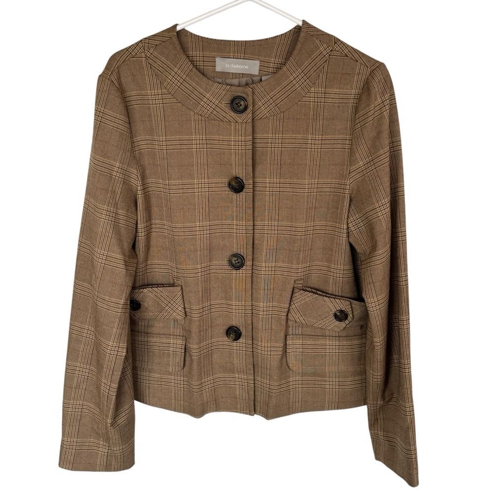 Women’s Tan & Brown Collarless Blazer Jacket Academia Tailored Old Money Size 10